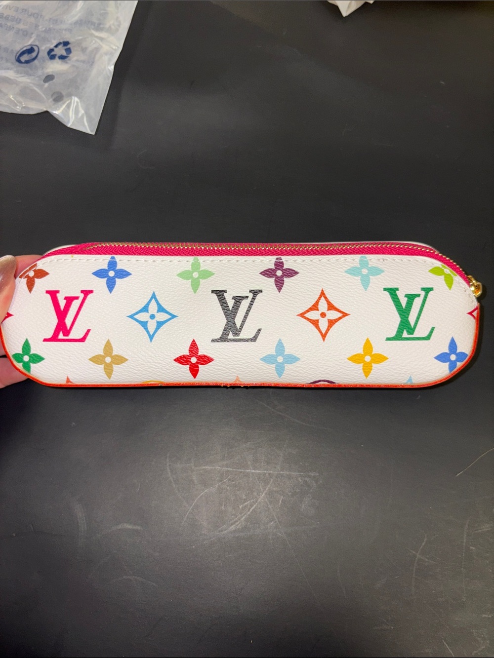 Designer Inspired White Multicolor Monogram Zip Pencil Case - Pink Trim
